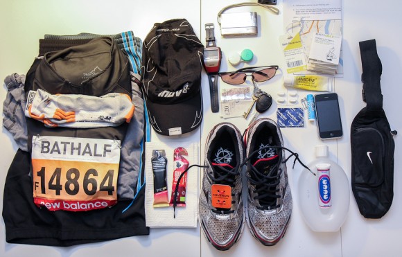 My array of equipment for running the Bath Half Marathon